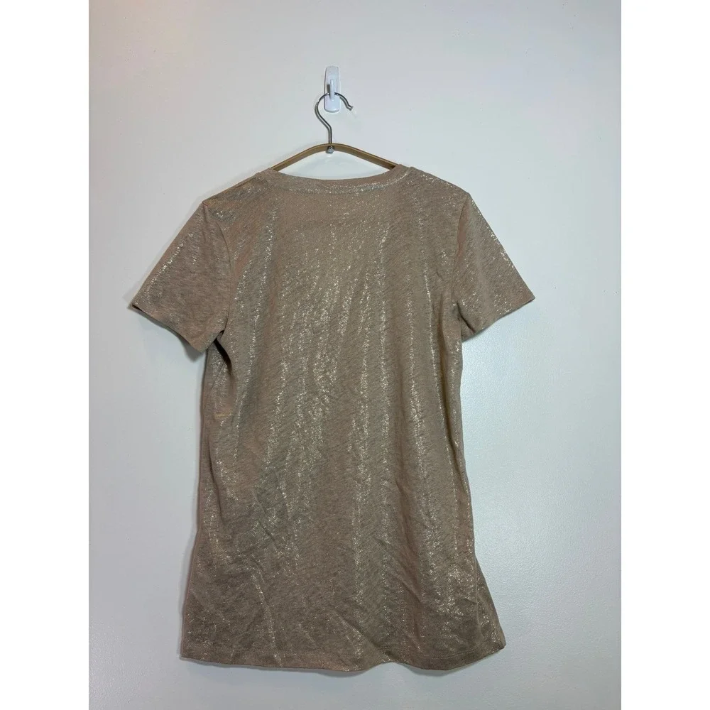 J.Crew Women Linen Metallic Gold  Tan Foil Pocket V-Neck Shirt Small Sheer Chic